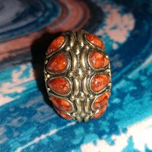 Antiqued Gold Metal Ring with Orange Stones
